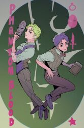 Rule 34 | 2boys, aged down, ascot, book, brown eyes, brown pants, brown vest, child, closed mouth, collared shirt, commentary, dagger, dio brando, english text, fingernails, full body, gradient background, green background, green hair, hand up, highres, holding, holding book, holding mask, jojo no kimyou na bouken, jonathan joestar, knife, looking at viewer, male focus, mask, multiple boys, pants, phantom blood, purple eyes, purple hair, purple vest, robodumpling, sharp fingernails, shirt, shoes, short hair, smile, stone mask (jojo), symbol-only commentary, vest, weapon