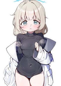 1girl blue_archive blue_halo blush halo highres jacket jacket_partially_removed led_winter navel open_mouth panties solo underwear white_background white_jacket