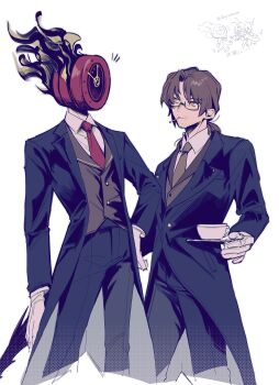 1boy 1other black_pants black_suit brown_hair brown_necktie chinese_commentary cigarette collared_shirt commentary_request cup dante_(limbus_company) dngrumauma formal_clothes gloves gregor_(project_moon) highres holding holding_plate limbus_company looking_at_another necktie pants plate project_moon red_necktie shirt standing suit teacup white_background white_gloves white_shirt yellow_eyes