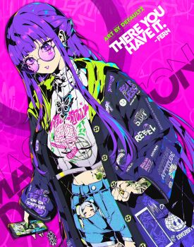 1girl absurdres arrow_through_heart artist_name artist_self-reference bespectacled black_hoodie blunt_bangs butterfly_necklace butterfly_ring chain chain_necklace character_charm character_name charm_(object) defaultz denim denim_shorts earrings english_text fern_(sousou_no_frieren) flower flower_tattoo frieren glasses green_flower green_hood green_nails green_rose hair_ornament hairclip highres holding holding_phone hood hoodie hoop_earrings index_ring jewelry long_hair long_sidelocks middle_ring midriff navel necklace phone pink_background pinky_ring purple-tinted_eyewear purple_eyes purple_hair purple_lips ribbed_shirt rose shirt shorts sidelocks sousou_no_frieren tattoo tinted_eyewear white_shirt