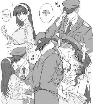 1boy 1girl adjusting_clothes adjusting_headwear alternate_universe blush breasts check_translation coat commentary_request dress dress_tug earrings french_kiss grabbing_another&#039;s_breast greyscale groping hairband hat heavy_breathing hetero highres jewelry kiss korean_commentary korean_text large_breasts monochrome necktie police police_hat police_uniform saliva siro666b spy_x_family translation_request twilight_(spy_x_family) undressing_another yor_briar
