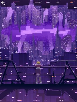 1girl black_skirt black_thighhighs blonde_hair bridge brown_shirt building city_lights cityscape commentary cyberpunk from_behind full_body grey_shoes hisaka_(pixiv78403049) mizuhashi_parsee pixel_art purple_background railing scenery shirt shoes short_hair skirt skyscraper solo standing symbol-only_commentary thighhighs touhou upside-down_building wide_shot wire