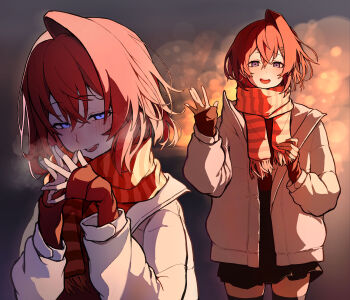 1girl absurdres akechi_(akechi_5416) alternate_costume ange_katrina black_skirt black_thighhighs blue_eyes blush breath commentary_request cowboy_shot crossed_bangs earrings hair_between_eyes hair_ornament hands_up highres jacket jewelry long_bangs long_sleeves looking_at_viewer medium_hair multiple_views nijisanji open_clothes open_jacket open_mouth orange_scarf own_hands_together red_hair red_shirt scarf shirt single_hair_intake skirt sleeves_past_wrists smile standing steepled_fingers striped_clothes striped_scarf thighhighs triangle_earrings triangle_hair_ornament upper_body virtual_youtuber waving white_jacket winter_clothes zettai_ryouiki