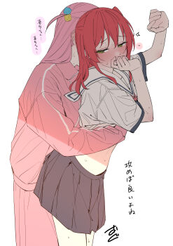 2girls absurdres blush bocchi_the_rock! cube_hair_ornament from_behind gotoh_hitori grabbing_another's_breast groping hair_ornament hand_on_own_face highres jacket kawai_ritsu_(rits_meg) kita_ikuyo multiple_girls pants pink_hair pink_jacket pink_pants pink_track_suit red_hair school_uniform shuka_high_school_uniform side_ahoge simple_background track_jacket track_suit white_background yellow_eyes yuri