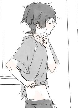 1boy arm_at_side bite_mark bite_mark_on_neck blunt_ends closed_eyes clothes_lift earrings eyelashes facing_to_the_side from_side genshin_impact hand_up highres indoors jewelry male_focus midriff scaramouche_(genshin_impact) scratches shirt_lift short_sleeves shorts solo yoontrsh