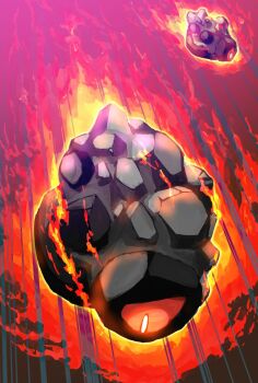 commentary_request falling fire full_body gen_8_pokemon nintendo no_humans one-eyed pokemon pokemon_(creature) pokemon_focus rolycoly tartarte_tatin