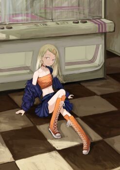 1girl absurdres arcade_cabinet belt black_belt black_jacket black_skirt blonde_hair boots closed_mouth collar colored_eyelashes commentary_request earrings full_body gakuen_idolmaster hair_ornament hairclip highres hoop_earrings idolmaster jacket jewelry k6tetsu knee_boots knee_up lace-up_boots long_hair looking_at_viewer midriff miniskirt on_floor open_clothes open_jacket orange_boots orange_eyes orange_tube_top parallel_hairclips parted_bangs pleated_skirt shinosawa_hiro single_off_shoulder sitting skirt smile solo split_mouth strapless tube_top