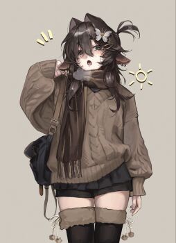 1girl :o animal_ear_piercing animal_ears arm_up bag black_eyes black_hair black_skirt black_thighhighs brown_background brown_scarf brown_sweater butterfly_hair_ornament commentary_request goat_ears goat_girl gyaru hair_between_eyes hair_ornament hairclip highres horizontal_pupils kirihara_aki kuzakura_yako_(kirihara_aki) light_blush long_hair long_sleeves looking_at_viewer miniskirt mole mole_under_eye open_mouth original scarf shoulder_bag sidelocks simple_background skirt solo standing sweater tachi-e teeth thighhighs thighs translation_request zettai_ryouiki