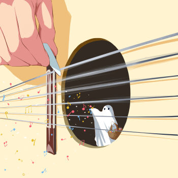 1boy 1other absurdres acoustic_guitar avogado6 basket guitar highres holding holding_basket instrument mini_person music musical_note original playing_guitar playing_instrument plectrum sheet_ghost