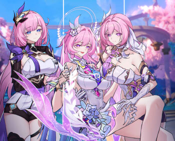 3girls absurdres aqua_hair bare_shoulders black_shorts blonde_hair blue_sky breasts company_connection corset cyrene_(honkai:_star_rail) cyrene_(ripples_of_past_reverie)_(honkai:_star_rail) diamond-shaped_pupils diamond_(shape) dress dual_persona elf elysia_(herrscher_of_human:_ego)_(honkai_impact) elysia_(honkai_impact) elysia_(miss_pink_elf)_(honkai_impact) flower gloves hair_flower hair_ornament halo hand_on_another&#039;s_thigh highres honkai_(series) honkai_impact_3rd inoue_marina kugu_natie large_breasts long_hair looking_at_viewer multicolored_hair multiple_girls on_swing pink_hair pointy_ears purple_eyes shorts sky smile swing symbol-shaped_pupils two-tone_hair very_long_hair voice_actor_connection white_corset white_dress white_gloves white_hair yanning