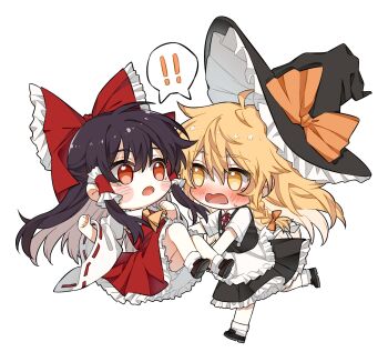 ! !! 2girls :o ahoge apron ascot black_hair black_hat blonde_hair bloomers blush bow braid carrying chibi chibi_only detached_sleeves frilled_bow frilled_hair_tubes frilled_skirt frills full_body hair_between_eyes hair_bow hair_tubes hakurei_reimu hat highres hitte5416 kirisame_marisa long_hair long_sleeves multiple_girls open_mouth orange_bow red_bow red_eyes red_ribbon red_shirt red_skirt ribbon ribbon-trimmed_sleeves ribbon_trim running shirt simple_background single_braid skirt spoken_exclamation_mark touhou underwear waist_apron white_apron white_background white_bloomers wide_sleeves yellow_ascot