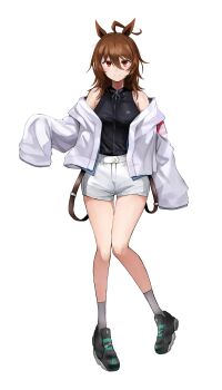 Rule 34 | 1girl, absurdres, agnes tachyon (umamusume), ahoge, alternate costume, animal ears, black shirt, black shoes, brown hair, casual, commentary request, grim jisoo, hair between eyes, highres, horse ears, horse girl, jacket, medium hair, off-shoulder jacket, off shoulder, open clothes, open jacket, red eyes, shirt, shoes, shorts, simple background, sleeveless, sleeveless shirt, smile, sneakers, solo, umamusume, white background, white jacket, white shorts