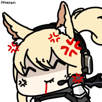1girl ^_^ anger_vein animal_ears animated animated_gif arknights blood closed_eyes headset lip_biting long_hair lowres ponytail seseren