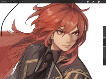 1boy art_program_in_frame black_jacket black_necktie black_shirt closed_mouth collared_shirt commentary crossed_bangs diluc_(genshin_impact) double-parted_bangs english_commentary genshin_impact gold_trim highres jacket kookirani lapels long_hair male_focus necktie red_eyes red_hair shirt solo unfinished upper_body white_background wing_collar