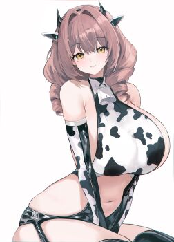1girl absurdres animal_print armpit_crease azur_lane bell between_legs black_thighhighs breasts brown_hair commentary cow_horns cow_print cow_print_gloves cowboy_shot cowpens_(azur_lane) crossed_bangs drill_hair elbow_gloves fake_horns gloves gurami_(zangizarang) hair_between_eyes hair_intakes hand_between_legs highres horns huge_breasts looking_at_viewer mechanical_horns medium_hair mole mole_under_eye navel neck_bell print_gloves simple_background sitting skindentation smile solo thighhighs twin_drills white_background yellow_eyes