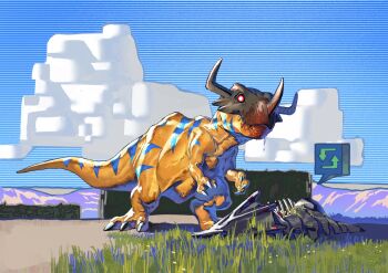 blood blood_on_face blue_skin blue_sky bly_mead cloud cloudy_sky colored_skin commentary day dead_animal digimon digimon_(creature) dinosaur glowing glowing_eyes grass greymon highres horns looking_at_viewer orange_skin outdoors red_eyes sharp_teeth sky standing striped_skin symbol-only_commentary teeth