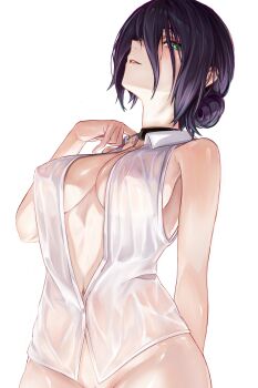 1girl absurdres breasts chainsaw_man commentary green_eyes hair_between_eyes highres light_smile linea_alba looking_at_viewer medium_breasts mikasciii nipples out-of-frame_censoring parted_lips purple_hair reze_(chainsaw_man) see-through_clothes see-through_shirt shirt simple_background sleeveless sleeveless_shirt smile solo wet wet_clothes wet_shirt white_background white_shirt