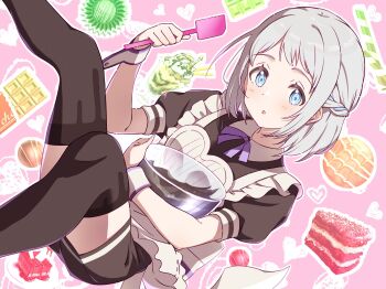 1girl apron blue_eyes blue_ribbon blush braid brown_thighhighs commentary food-themed_background gakuen_idolmaster grey_hair hair_ribbon half_up_braid happy_mille-feuille_(idolmaster) heart_apron highres idolmaster katsuragi_lilja looking_at_viewer nanananananasea neck_ribbon pink_background puffy_short_sleeves puffy_sleeves purple_ribbon ribbon ribbon_braid short_hair short_sleeves sidelocks solo thighhighs white_apron wrist_cuffs