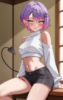 1girl absurdres alternate_costume black_shorts blush breasts clothing_cutout commentary_request cropped_sweater demon_girl demon_tail ear_piercing earrings gradient_hair green_eyes hair_ornament hairclip highres hololive iris_angel12xii jewelry leg_tattoo long_sleeves looking_at_viewer midriff multicolored_hair navel_piercing on_table parallel_hairclips piercing pink_hair pointy_ears purple_hair ribbed_sweater short_hair short_shorts shorts shoulder_cutout sitting small_breasts smile solo sweater swept_bangs table tail tail_ornament tail_piercing tattoo tokoyami_towa two-tone_hair virtual_youtuber white_sweater x_hair_ornament