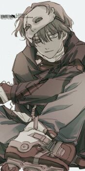 Rule 34 | 1boy, black coat, black sclera, blue eyes, closed mouth, coat, colored sclera, foot out of frame, gloves, grey background, grey hair, grey pants, gyujik qzc, heterochromia, highres, looking at viewer, male focus, mask, mask on head, mismatched sclera, official alternate costume, pants, red gloves, reverse:1999, roller skates, short hair, sitting, skates, smile, solo, x (breathing in silence) (reverse:1999), x (reverse:1999), yellow eyes