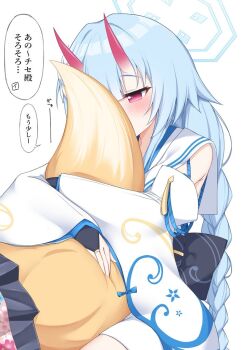2girls black_bridal_gauntlets black_skirt blue_archive blue_hair blue_halo blunt_bangs blush braid bridal_gauntlets center-flap_bangs chise_(blue_archive) commentary_request cowboy_shot demon_girl detached_sleeves fox_girl fox_tail hair_intakes half-closed_eyes halo horns hug hug_from_behind hugging_another&#039;s_tail hugging_tail izuna_(blue_archive) long_hair long_sleeves lower_body miniskirt multiple_girls oni pleated_skirt red_horns sailor_collar school_uniform serafuku simple_background sitting skin-covered_horns skirt solo_focus speech_bubble tail translation_request twin_braids very_long_hair white_background white_sailor_collar wide_sleeves yamichi_(yamichi8369)