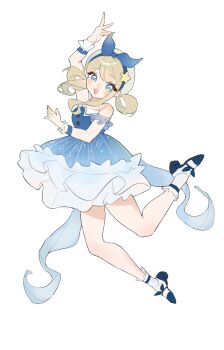 1girl absurdres arm_up back_ribbon bare_shoulders beret black_bow black_shoes blonde_hair blue_bow blue_dress blue_eyes blue_ribbon blue_sleeves blue_wrist_cuffs bow bubble_print bubbly_voyage_(infinity_nikki) buttons chinese_commentary collared_dress commentary_request detached_sleeves dot_nose dress eyelashes footwear_bow frilled_dress frilled_sleeves frilled_socks frilled_wrist_cuffs frills full_body grey_hat hair_rings happy hat hat_bow hat_ornament high_heels highres infinity_nikki jumping light_blush looking_at_viewer nikki_(series) open_mouth print_dress pumps ribbon see-through_clothes see-through_sleeves shoes short_dress short_hair_with_long_locks short_sleeves sidelocks simple_background smile socks solo star_(symbol) star_hat_ornament strapless strapless_dress striped_clothes striped_dress swept_bangs tareme teeth upper_teeth_only vertical-striped_clothes vertical-striped_dress white_background white_socks wrist_cuffs yonghu230350137