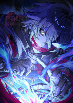 1boy absurdres antenna_hair artist_name black_capelet black_gloves blue_fire blue_hair capelet chinnpou collared_capelet covered_mouth crossed_bangs energy fire flaming_eye flins_(genshin_impact) floating_hair genshin_impact glass_shards gloves gradient_hair hair_between_eyes hashtag-only_commentary highres long_hair long_sleeves male_focus multicolored_hair outstretched_arm outstretched_hand solo twitter_x_logo upper_body watermark wide-eyed yellow_eyes
