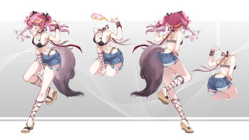 1girl absurdres alternate_costume armlet bare_shoulders bikini bikini_top_only black_bikini black_bow bow breasts chinese_commentary cleavage commentary_request denim denim_shorts gladiator_sandals goggles goggles_on_head hair_between_eyes hair_bow hand_up headgear highres jewelry long_hair looking_at_viewer lupa_(wuthering_waves) medium_breasts multiple_hair_bows multiple_views navel official_style open_mouth pink-tinted_eyewear pink_hair reference_sheet sandals shorts smile stomach swimsuit tacet_mark_(wuthering_waves) tail thighs tinted_eyewear toes twintails wolf_tail wuthering_waves yellow_eyes zelphal