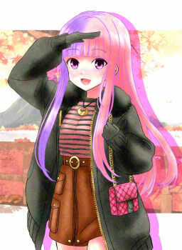 1girl :d artist_request autumn autumn_leaves black_coat black_gloves black_thighhighs brown_skirt coat day girlfriend_(kari) gloves leaf long_hair multicolored_hair niigaki_hina open_mouth outdoors pink_hair pink_shirt purple_eyes purple_hair shirt skirt smile solo standing thighhighs two-tone_hair winter_clothes winter_coat