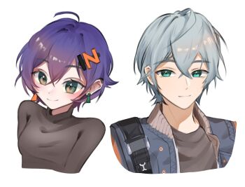 Rule 34 | 1boy, 1girl, ahoge, belle (zenless zone zero), black shirt, blue eyes, blue hair, blue jacket, breasts, brother and sister, closed mouth, commentary, crossed bangs, earclip, earrings, english commentary, green eyes, grey hair, gyerangppan, hair ornament, highres, jacket, jewelry, letter hair ornament, looking at viewer, medium breasts, shirt, short hair, siblings, simple background, smile, upper body, white background, wise (zenless zone zero), zenless zone zero