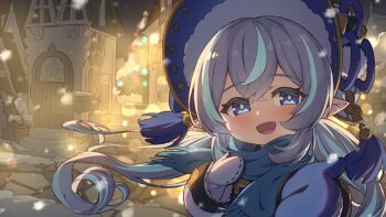 Rule 34 | 1girl, :d, blue bonnet, blue eyes, blue hair, blue scarf, blush, bonnet, coat, commentary request, commission, double-parted bangs, granblue fantasy, hand up, hiyaya (kochi michikaze), long hair, long sleeves, looking at viewer, mittens, multicolored hair, night, open mouth, outdoors, pointy ears, portrait, purple hair, scarf, skeb commission, smile, snow, snowflakes, solo, streaked hair, two-tone hair, uruki (granblue fantasy), white coat, white mittens, winter, winter clothes