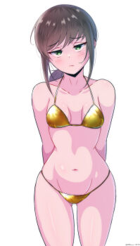 1girl alternate_costume arms_behind_back bikini black_hair breasts fubuki_(kancolle) gluteal_fold gold_bikini green_eyes highres kantai_collection looking_at_viewer low_ponytail medium_breasts navel ponytail sidelocks simple_background small_breasts solo swimsuit white_background yoko_hata
