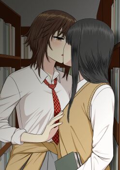 2girls absurdres black_hair blush bookshelf brown_eyes brown_hair brown_sweater_vest clothes_around_waist collared_shirt commentary_request grabbing_another's_breast groping highres kiss library long_hair multiple_girls necktie original parted_lips red_necktie ryuusa shirt short_hair sweater sweater_around_waist sweater_vest white_shirt yuri