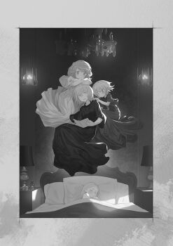 4girls alternate_costume arm_rest blush book chandelier commentary_request crossed_arms dress floating greyscale hand_on_another&#039;s_shoulder holding holding_book indoors lantern layla_prismriver long_dress lunasa_prismriver lyrica_prismriver merlin_prismriver monochrome multiple_girls short_sleeves siblings sisters sleeping smile thick_eyebrows touhou under_covers yamamomo_(plank)