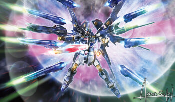 amasaki_yusuke beam_rifle commentary_request energy_gun glowing gun gundam gundam_seed gundam_seed_destiny highres holding holding_gun holding_weapon mecha mecha_focus mechanical_wings mobile_suit no_humans robot science_fiction solo strike_freedom_gundam strike_freedom_gundam_full_burst twitter_username v-fin weapon wings yellow_eyes