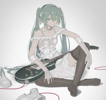 1girl aqua_eyes bare_shoulders black_thighhighs breasts cable closed_mouth collar collarbone dress elbow_gloves electric_guitar fingerless_gloves fukaba_yoh gloves green_hair grey_background guitar hair_between_eyes hair_intakes hashtag-only_commentary hatsune_miku headset highres holding holding_plectrum instrument knee_up long_hair looking_at_viewer making-of_available no_shoes off-shoulder_dress off_shoulder petticoat plectrum see-through_clothes see-through_gloves shoes simple_background sitting small_breasts solo thighhighs twintails unworn_shoes very_long_hair vocaloid white_dress