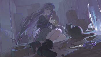 1girl \||/ absurdres ankle_boots bare_shoulders black_boots black_cat boots box cat commentary curtains english_commentary grey_skirt hat highres indoors long_hair long_sleeves mo011010 newsboy_cap on_floor open_mouth original pleated_skirt purple_eyes scissors sidelighting skirt solo tape wind window wooden_floor