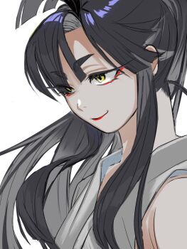 1boy ahoge black_hair borrowed_character closed_mouth commentary_request cz-chan eyeshadow japanese_clothes kimono long_hair makeup male_focus original ponytail portrait red_eyeshadow red_lips simple_background sleeveless sleeveless_kimono smile solo thick_eyebrows trap ushiwakamaru_(lihayato) white_background white_kimono yellow_eyes