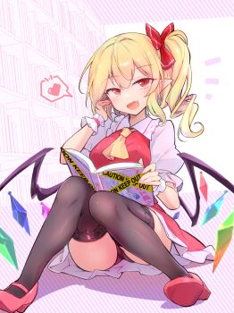 1girl ass black_leggings blonde_hair blush book bookshelf breasts caution_tape commentary_request crystal crystal_wings dress english_text eyelashes fang flandre_scarlet frilled_sleeves frills full_body fumitsuki_(minaduki_6) hair_between_eyes hair_ribbon hand_on_own_face happy heart highres holding holding_book leggings looking_at_viewer medium_breasts necktie panties pantyshot pink_panties rainbow_wings reading red_dress red_eyes red_ribbon red_shoes reitaisai ribbon shadow shoes short_sleeves sitting smile solo solo_focus tooth touhou underwear vampire white_sleeves white_trim wings yellow_eyes yellow_necktie