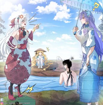 +++ 1boy 3girls ? alternate_costume anger_vein artist_name black_hair blonde_hair blue_eyes blue_flower blue_sky blush bow breasts cantarella_(wuthering_waves) carlotta_(wuthering_waves) commentary day dress earrings english_commentary fishing flower hair_bow hair_flower hair_ornament hand_on_own_hip hat height_difference high_heels highres holding holding_umbrella jewelry large_breasts long_dress long_hair male_rover_(wuthering_waves) medium_breasts multiple_girls nort_muhehehe outdoors pantyhose phoebe_(wuthering_waves) pink_bow pointing pointing_at_another purple_hair rover_(wuthering_waves) shouting sky squatting squiggle standing_on_object striped_bow tiptoes trembling umbrella very_long_hair white_dress white_hair white_pantyhose wuthering_waves