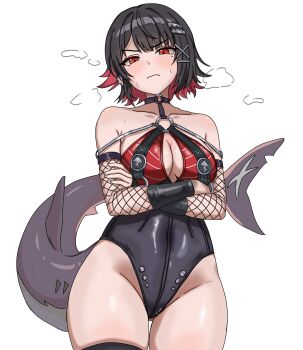 1girl alternate_costume bare_shoulders black_hair black_leotard black_one-piece_swimsuit black_thighhighs blush breast_curtains breasts choker cleavage closed_mouth collarbone colored_inner_hair commentary_request cosplay covered_navel cowboy_shot crossed_arms ellen_joe fins fish_tail fishnet_sleeves fishnets highres jane_doe_(nocturne_of_light)_(zenless_zone_zero) jane_doe_(zenless_zone_zero) jane_doe_(zenless_zone_zero)_(cosplay) large_breasts leather_leotard leotard looking_at_viewer mole mole_under_eye multicolored_hair o-ring o-ring_choker o-ring_swimsuit one-piece_swimsuit razor_blade_hair_ornament red_eyes red_one-piece_swimsuit scar scar_on_tail shangus shark_girl shark_tail short_hair simple_background single_thighhigh solo sweat swimsuit tail thighhighs two-tone_one-piece_swimsuit v-shaped_eyebrows white_background zenless_zone_zero