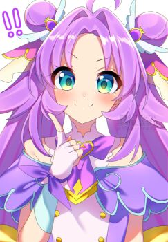 Rule 34 | !, !!, 1girl, ahoge, akechi anna, blue eyes, bow, bowtie, brooch, capelet, closed mouth, commentary, cure answer, double bun, dress, fingerless gloves, gloves, hair bun, hair intakes, hair ornament, heart, heart brooch, impossible hair, index finger raised, jewelry, layered gloves, long hair, looking at viewer, love live!, magical girl, meitantei precure!, myarikuru, precure, purple bow, purple bowtie, purple capelet, purple dress, purple hair, simple background, sleeveless, sleeveless dress, smile, solo, upper body, white background, white gloves, wing hair ornament