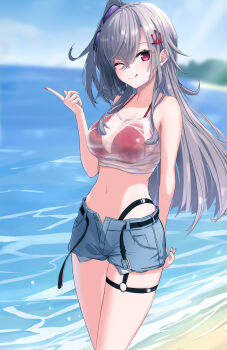 1girl :q absurdres arm_at_side bare_arms bare_shoulders beach belt bikini bikini_under_clothes black_belt black_nails blue_shorts blurry blurry_background breasts camisole closed_mouth collarbone cowboy_shot crop_top crossed_bangs crown_hair_ornament day eyewear_on_head grey_hair hair_between_eyes hair_ornament hanaroku_(pixiv_119471249) hand_up highres hololive hololive_dev_is index_finger_raised isaki_riona large_breasts long_hair looking_at_viewer midriff nail_polish navel o-ring o-ring_thigh_strap ocean one_eye_closed one_side_up open_belt open_clothes open_shorts outdoors red_bikini red_eyes red_nails see-through_camisole see-through_clothes short_shorts shorts smile solo standing sunglasses swimsuit thigh_strap tongue tongue_out virtual_youtuber white_camisole