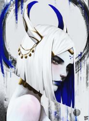 Rule 34 | 1girl, bare shoulders, blue hair, blue horns, blue lips, bob cut, chain, choker, closed mouth, colored inner hair, demon horns, from side, gold chain, gold choker, hair ornament, highres, horns, lips, looking at viewer, medium hair, multicolored hair, multicolored horns, narrowed eyes, original, parted bangs, signature, solo, steb, straight hair, white hair, white horns, yellow eyes