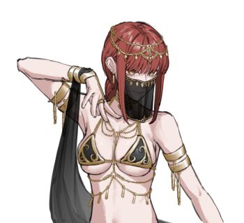 1girl alternate_costume armlet bikini black_bikini breasts chain chainsaw_man earrings gold_armlet gold_chain harem_outfit highres jewelry long_hair looking_at_viewer makima_(chainsaw_man) medium_breasts mouth_veil red_hair ringed_eyes sheeta_(sheetavn) sidelocks simple_background smile solo swimsuit veil white_background yellow_eyes