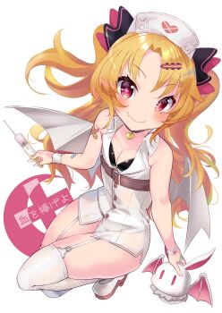 +_+ 1girl absurdres akatsuki_uni bandaged_arm bandages bandaid bandaid_on_arm bare_shoulders belt belt_buckle bikini bikini_top_only black_bikini blonde_hair breasts brown_belt buckle cleavage closed_mouth commentary_request creature dress fake_wings fang fang_out female_focus garter_straps grey_wings hat heart high_heels highres holding holding_syringe long_hair nurse nurse_cap p_answer parted_bangs purple_eyes shoes sleeveless sleeveless_dress small_breasts smile solo squatting swimsuit syringe thighhighs translation_request two_side_up uni_create very_long_hair virtual_youtuber white_background white_dress white_hat white_shoes white_thighhighs wings