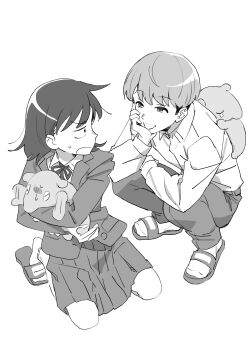1boy 1girl :d :o afterimage animal animal_on_back blazer collared_shirt commentary_request dress_shirt eye_contact flailing full_body futsuu_no_keion-bu greyscale hatono_chihiro highres holding holding_animal jacket kneeling lapels long_sleeves looking_at_another monochrome neck_ribbon notched_lapels open_mouth pants pleated_skirt red_ribbon ribbon sandals self-doubt_animal_(futsuu_no_keion-bu) shirt short_hair simple_background skirt slides smile snsikwii socks squatting takami_kouki tears v-shaped_eyebrows very_short_hair white_background wing_collar winter_uniform
