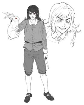 1boy abaddon_(haunted_hotel) animal coat commentary_request evil_grin evil_smile full_body grin haunted_hotel highres holding holding_animal holding_knife knife korean_commentary long_hair looking_at_viewer male_focus rabbit rickorty_08 simple_background smile spot_color standing white_background