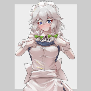 absurdres apron black_necktie blue_eyes blue_shirt blue_skirt blush bow breasts button_gap buttons closed_mouth edz_drawz gloves green_bow highres holding holding_shirt holding_unworn_clothes izayoi_sakuya large_breasts looking_at_viewer maid maid_apron maid_headdress necktie shirt simple_background skirt touhou unworn_shirt white_background white_bow white_gloves white_hair white_shirt