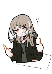 Rule 34 | 1girl, absurdres, black hoodie, brown hair, clenched teeth, commentary, cropped torso, double middle finger, girls band cry, grey eyes, highres, hood, hood down, hoodie, kawaragi momoka, long hair, long sleeves, looking at viewer, middle finger, simple background, solo, teeth, upper body, white background, ydpfa